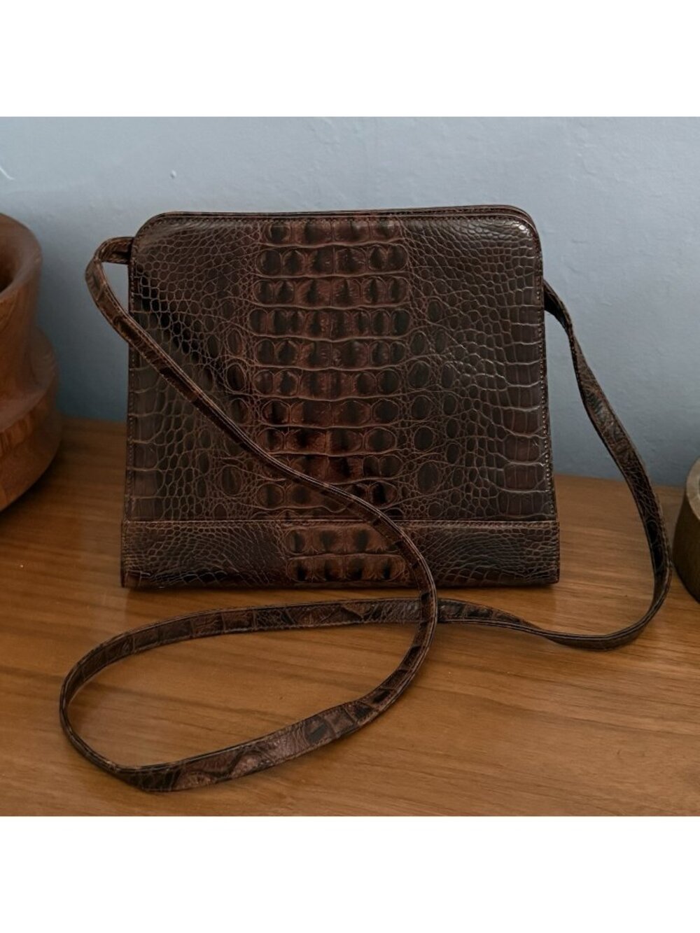 Vintage GRETA GARBO Brown Croc Embossed Leather Convertible Bag Purse